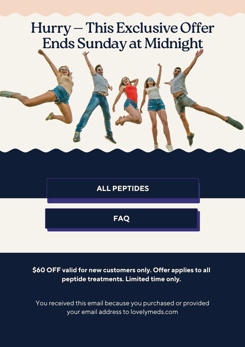 Lovely Meds footer with serum visual and quick links to All Peptides, FAQ, and Shipping Policy. Flash Sale $60 OFF ends Sunday.