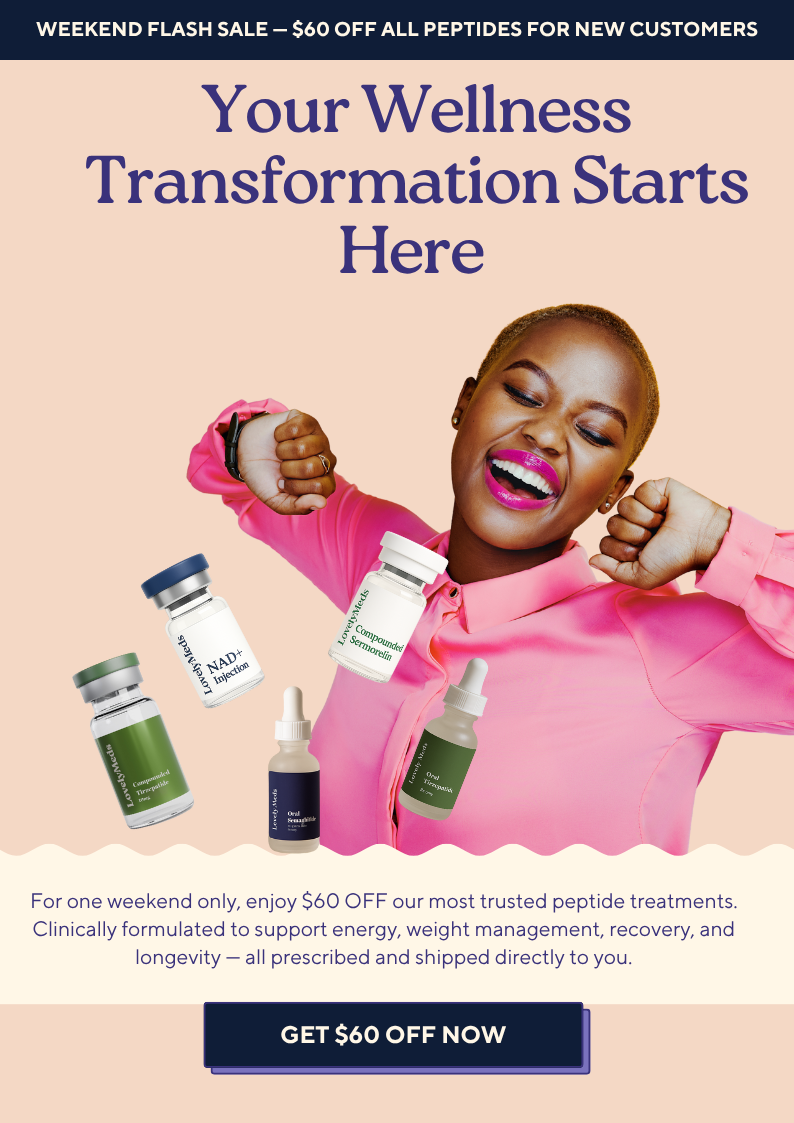 Lovely Meds Weekend Flash Sale — $60 OFF all peptide treatments for new customers. Limited time offer. Soft pink product background.